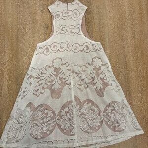 TOBI White Lace High Neck A-Line Mini Dress XS Nude Lined Sheer Overlay
